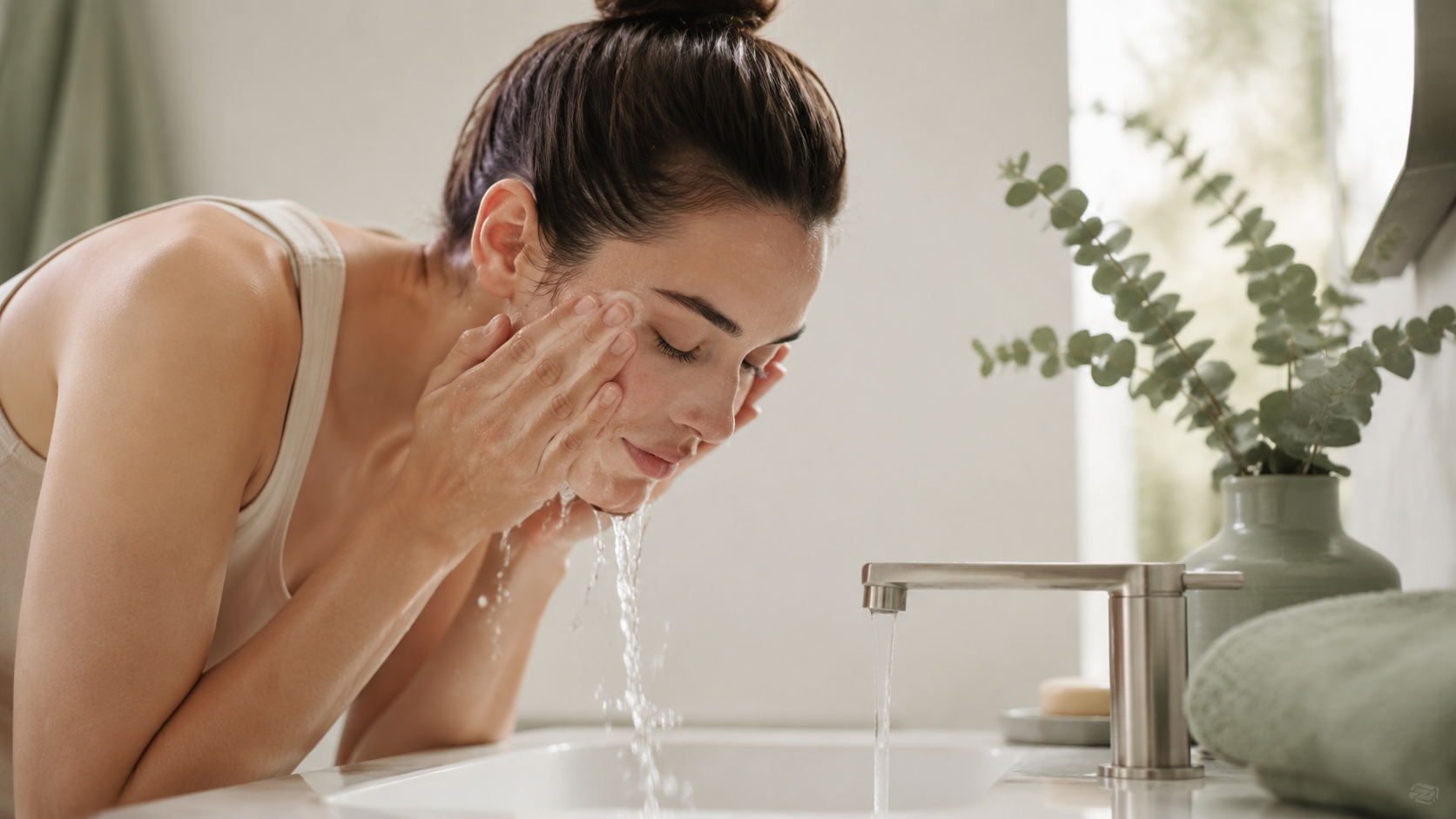 Woman gently cleansing her face with lukewarm water