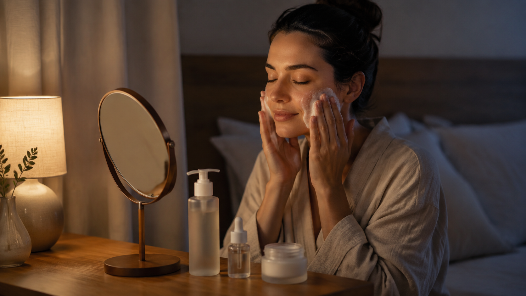 Simple evening skincare routine with cleanser serum and moisturizer