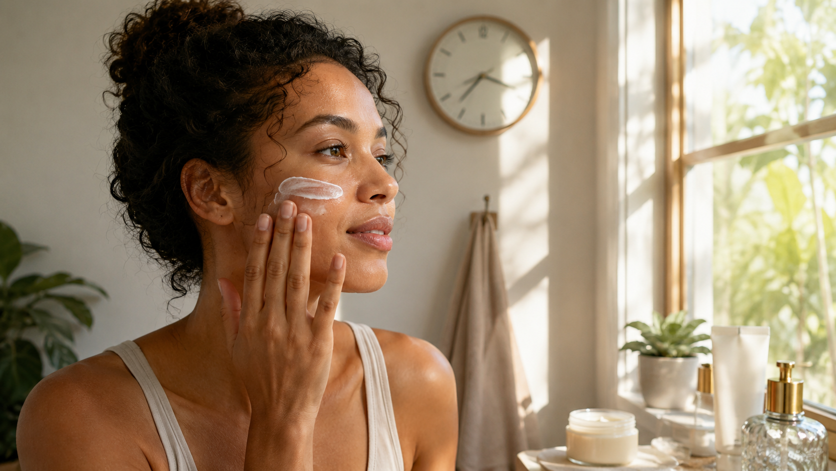 Morning skincare routine with moisturizer and sunscreen